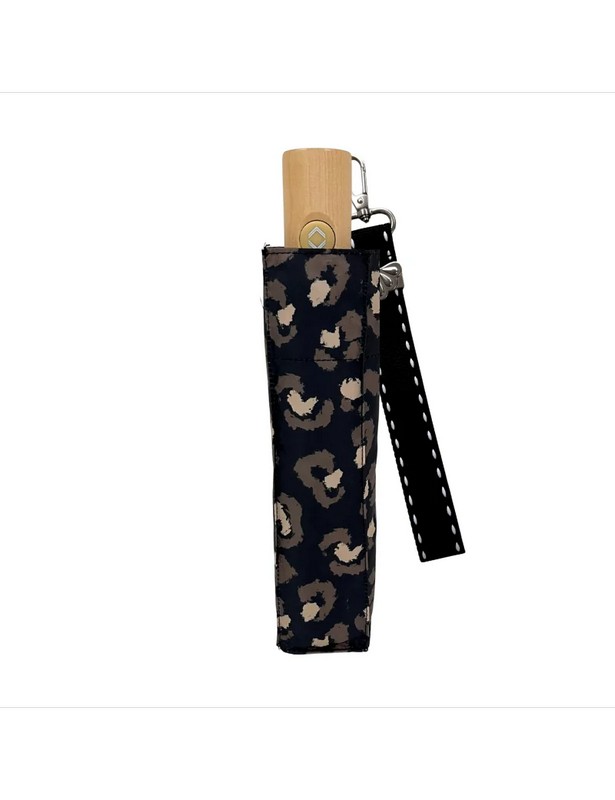 Ombrello pieghevole automatico leopardato, con astuccio, manico in legno, cinturino da polso e 8 raggi, resistente al vento